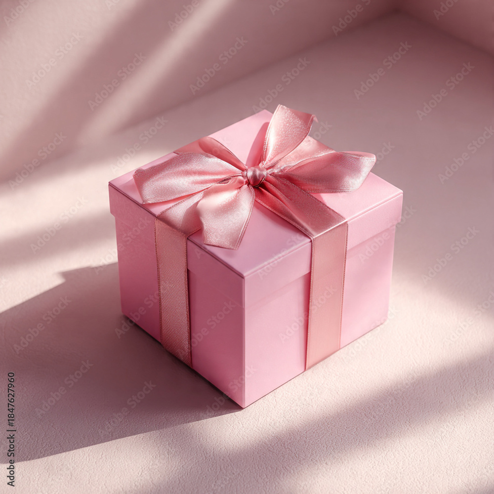 Fototapeta premium Elegant pink gift box with satin ribbon bow resting on a soft surface under dramatic light