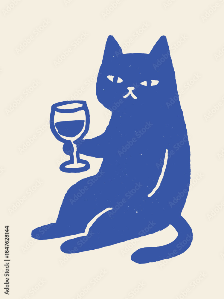 Fototapeta premium Cat holding wine glass minimalist flat vector illustration
