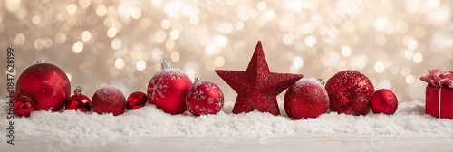 Festive Red Ornaments on Snow with Sparkling Bokeh Background