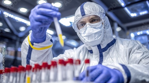 A scientist in protective gear works in a laboratory. They hold a pipette and observe several test tubes. The lab is filled with equipment for scientific research