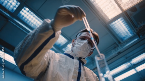 A scientist in protective gear works in a laboratory. They hold a pipette and observe several test tubes. The lab is filled with equipment for scientific research