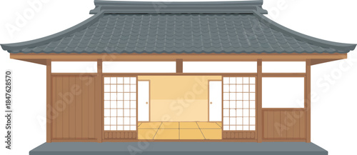 Traditional japanese house, exterior view, tiled roof, wooden structure, sliding doors, minimalist architecture, vector illustration