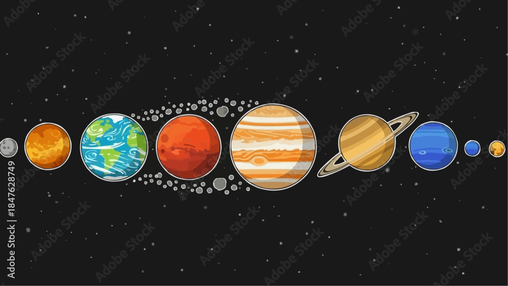 Fototapeta premium Vector illustration of the solar system planets with a dark background, showcasing their unique characteristics and orbits
