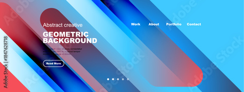 Abstract geometric design. Vibrant colors blend, creating modern website header or banner. Text elements present information.