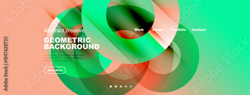 Abstract geometric background with vibrant colors. Includes text elements, navigation options, plus button for more info. Modern design.