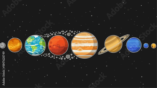 Vector illustration of the solar system planets with a dark background, showcasing their unique characteristics and orbits