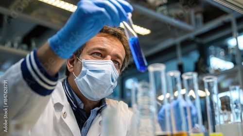 A scientist in protective gear works in a laboratory. They hold a pipette and observe several test tubes. The lab is filled with equipment for scientific research