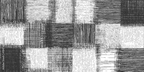 Black and white textured squares with varied line patterns and density abstract background