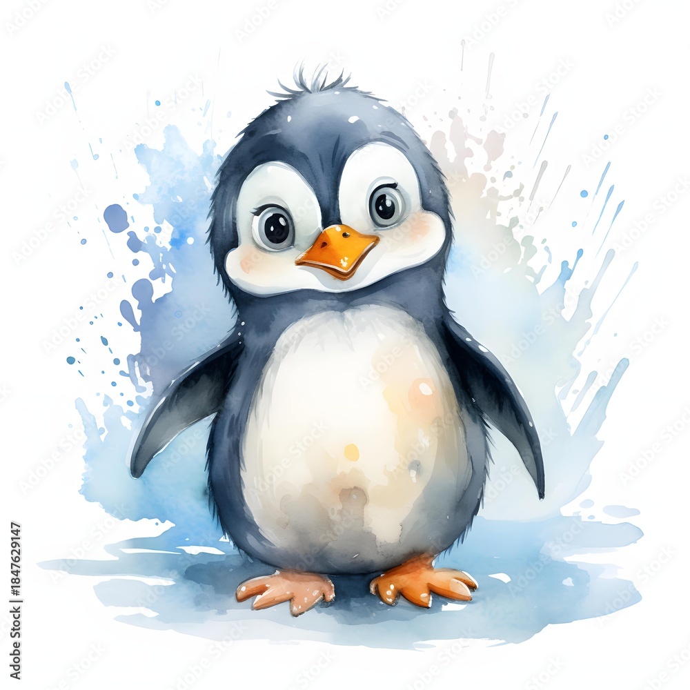 Naklejka premium Adorable baby penguin standing on ice watercolor painting in a cute style