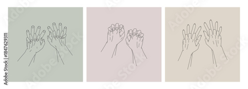 Hand drawn illustrations set with hands of couples. Hands of one partner hold the others. Concept of passion, love, intimate moment. Outline design for Valentine's day design, card, print, poster
