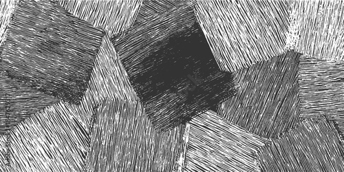 Abstract geometric shapes with textured hatching patterns in black and white