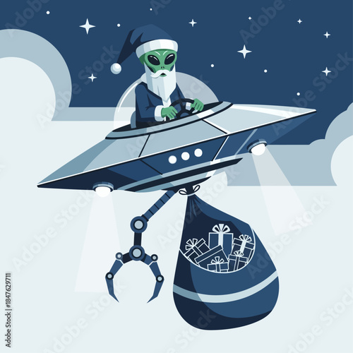 Alien Santa Claus flying a UFO with a robotic arm delivering Christmas presents.