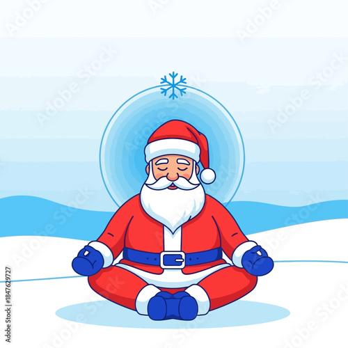 Santa Claus meditating in a lotus position in a snowy landscape with a snowflake above his head.