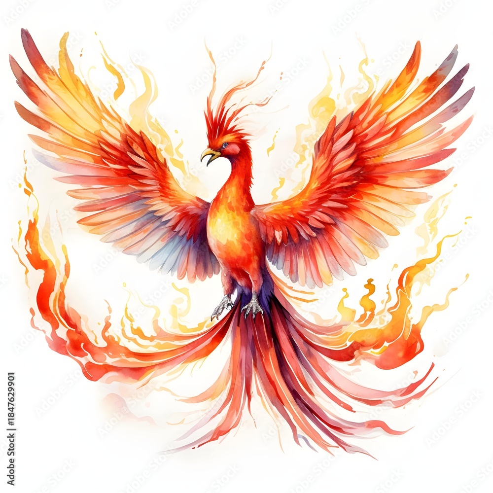 Fototapeta premium Watercolor phoenix with fiery wings rising on a white background