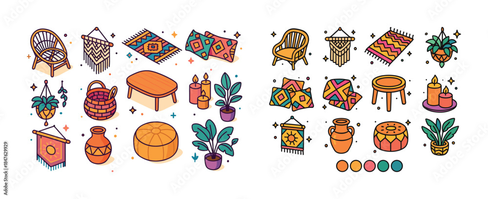 Fototapeta premium Colorful bohemian home decor elements and furniture set