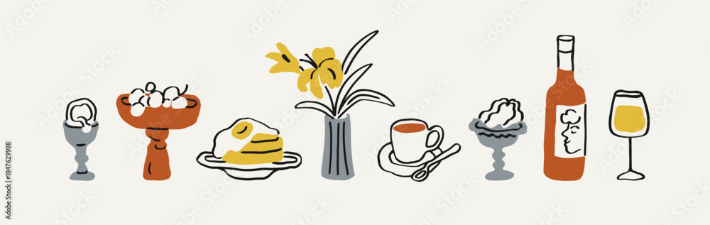 Fototapeta premium Food and drink set in doodle scribble handdrawn style. Egg, grapes, breakfast pancakes, flower vase, coffee cup, wine bottle, wineglass, snacks, sketch drawings. Hand-drawn vector illustrations