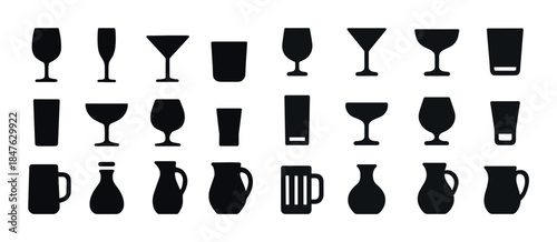 Variety of black drink glass and pitcher silhouettes set against
