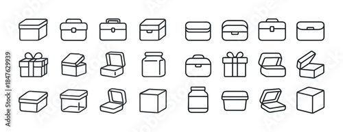 Collection of various minimalist box and container icons in line