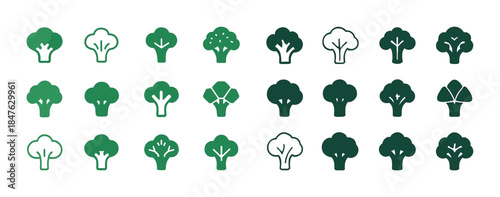 Diverse broccoli icons in different green color shades and style