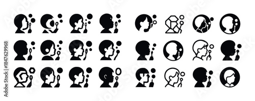 Silhouette people analyzing gems with magnifying glass icon set