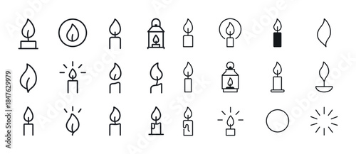Minimalist candle icons set featuring lanterns and flames in lin