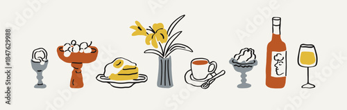 Food and drink set in doodle scribble handdrawn style. Egg, grapes, breakfast pancakes, flower vase, coffee cup, wine bottle, wineglass, snacks, sketch drawings. Hand-drawn vector illustrations