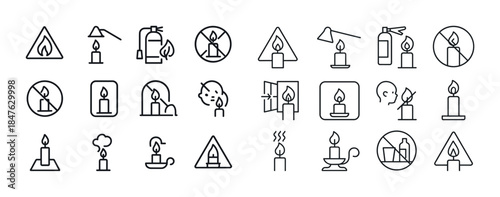Candle safety icons set: fire warning, extinguisher, no flames,