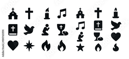 Set of 24 religious icons featuring church, cross, candle, music