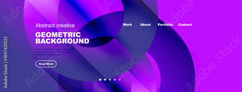 Abstract website design. Purple fluid shapes, geometric patterns, text elements, navigation menu present. Modern, vibrant aesthetic.