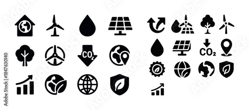 Eco-friendly icons: renewable energy, conservation, sustainabili