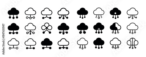 Set of 24 minimalist cloud network icons in black and white