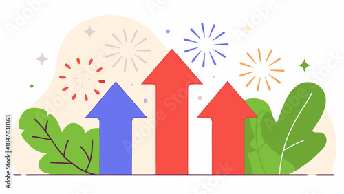 Abstract upward arrows and festive fireworks celebrating growth and success