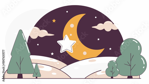 Stylized crescent moon and star illuminate a snowy winter landscape with trees under a starry night sky