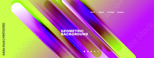 Vibrant abstract design features flowing shapes, gradients. Text includes work, about, portfolio, contact. Modern geometric background.