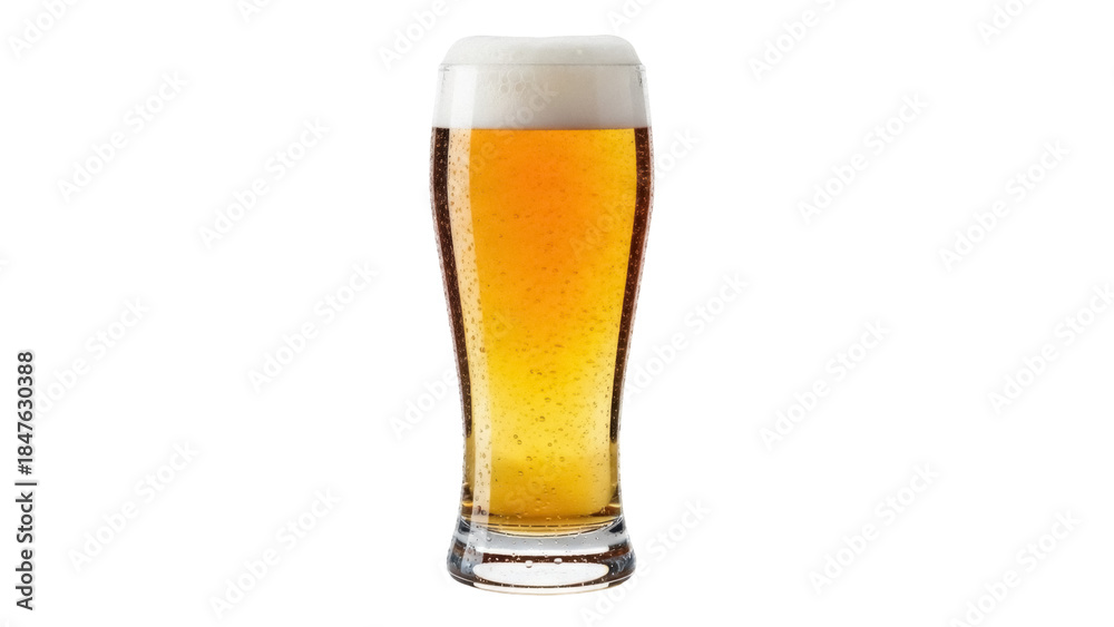 Obraz premium Isolated glass of light beer with frothy head ready to drink in bar on a sunny day party