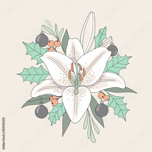 Elegant white lily flower illustration with festive holly leaves, red berries, and Christmas baubles on a light background.