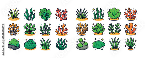Colorful cartoon seaweed and coral collection on white backgroun