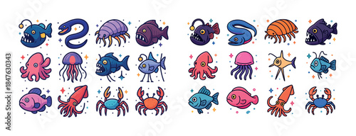 Colorful cartoon sea creatures with fish, octopus, and crabs