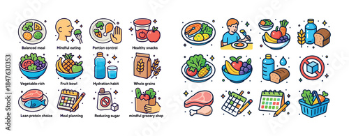 Healthy eating concepts with diverse food illustrations and habi