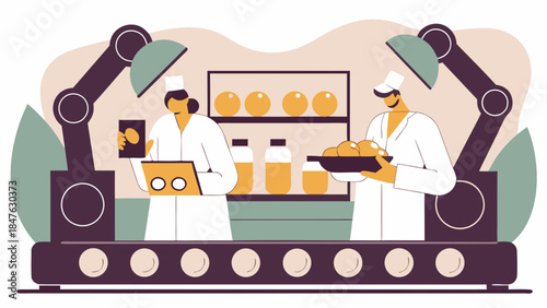 Food Factory Quality Control Inspection Station with Workers and Production Line