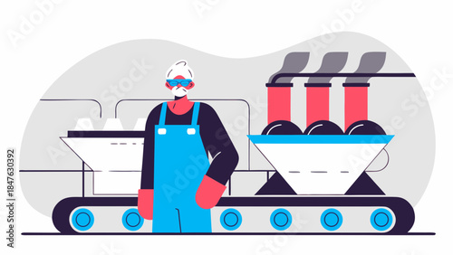 A factory worker in a blue apron and safety glasses stands before industrial machinery and smokestacks, representing production and industry.