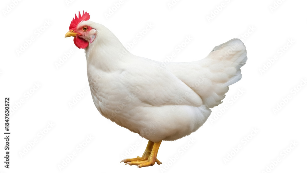 Fototapeta premium Isolated white Plymouth Rock hen for meat and eggs, single, clean, looking to side, poultry