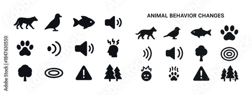 Animal behavior icons: cats, birds, fish, trees, alerts, sounds,