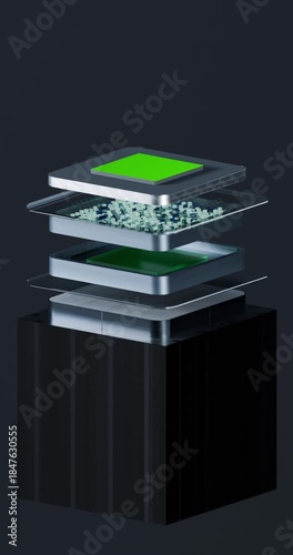 Abstract 3D animation showing the internal layers of a modern processor or microchip (3D-stacked integrated circuit) with a glowing green die, representing futuristic technology and engineering