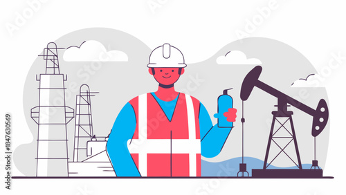 Industrial worker in helmet and safety vest holding a bottle with oil rig and pumpjack in background