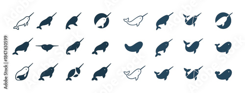 Collection of narwhal icons in various styles and orientations