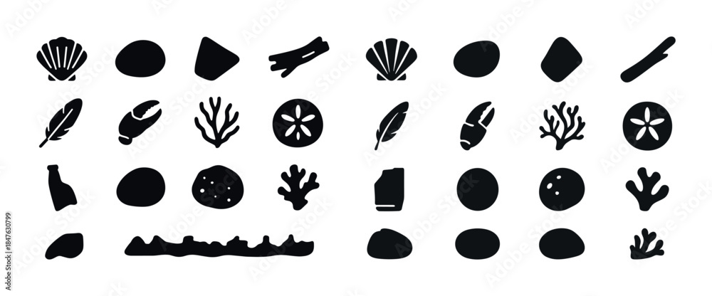 Fototapeta premium Silhouette collection of sea creatures and elements against whit