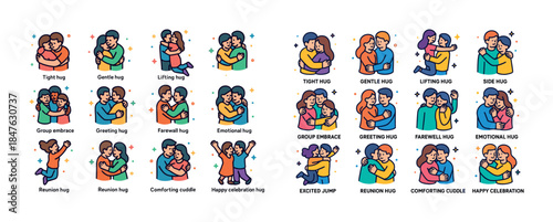 Different types of hugs and emotional expressions icon set