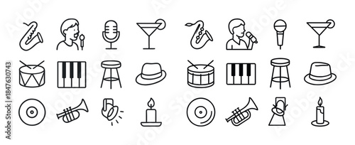 Music icon set: instruments, microphones, hats, and drinks