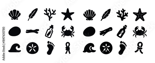 Sea-themed icon set: shells, feathers, coral, starfish, crabs, s